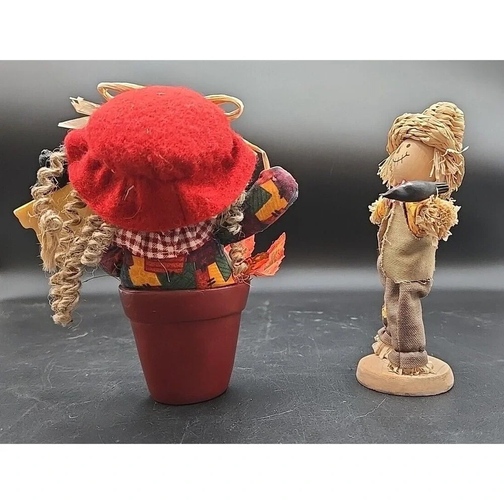 2 Vtg Country Potted Scarecrow‎ Decor Figures Thanksgiving Fall Halloween ?Avon